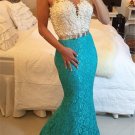 Blue White Lace Long Mermaid Prom Dresses Evening Gowns E0202