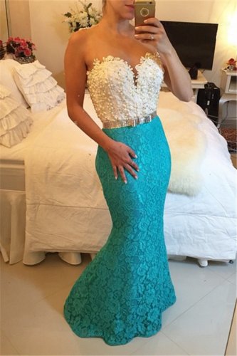 Blue White Lace Long Mermaid Prom Dresses Evening Gowns E0202