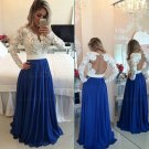 Royal Blue White Lace Chiffon Long Sleeves Prom Dresses Evening Gowns E0208