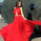 Beaded Red Long Chiffon Prom Dresses Evening Gowns E0212