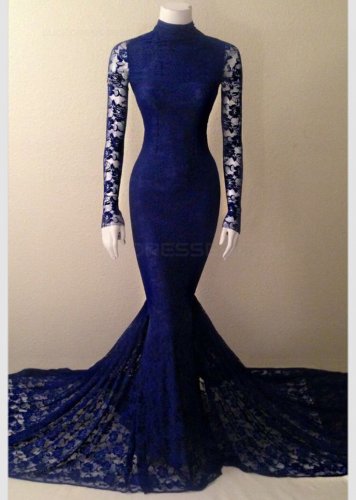 Long Sleeves High Neck Lace Mermaid Prom Dresses Evening Gowns E0218