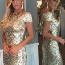 Gold Sequins Long Bridesmaid Prom Dresses Evening Gowns E0226