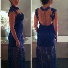 Long Blue Lace See Through Prom Dresses Evening Gowns E0228