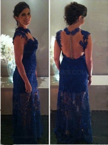 Long Blue Lace See Through Prom Dresses Evening Gowns E0228
