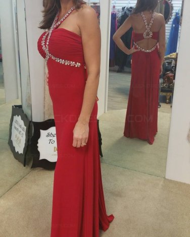 Sheath Beaded Long Red Chiffon Prom Dresses Evening Gowns E0229