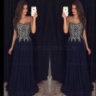 Navy Chiffon Prom Dresses Silver Lace Appliqued Bodice Prom Dresses Evening Gowns E0238