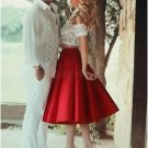 Two Pieces Off-the-Shoulder Lace Satin Prom Dresses Party Evening Gowns E0279