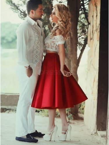Two Pieces Off-the-Shoulder Lace Satin Prom Dresses Party Evening Gowns E0279