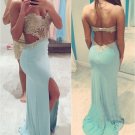 Long Blue Lace Chiffon Prom Dresses Party Evening Gowns E0282