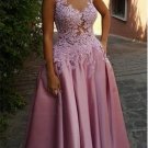 A-Line Illusion Neckline Lace and Satin Long Prom Dresses Party Evening Gowns E0310