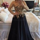 A-Line Gold Lace Appliques Long Sleeves Prom Dresses Party Evening Gowns E0314