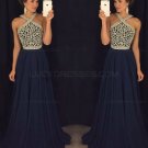 A-Line Beaded Long Navy Chiffon Prom Dresses Party Evening Gowns E0410