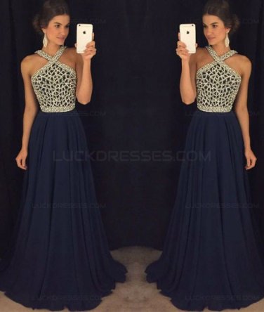 A-Line Beaded Long Navy Chiffon Prom Dresses Party Evening Gowns E0410