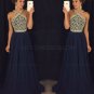 A-Line Beaded Long Navy Chiffon Prom Dresses Party Evening Gowns E0410