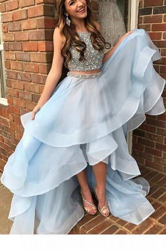Two Pieces High Low Beaded Prom Dresses Party Evening Gowns E0413