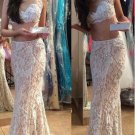 Two Pieces Lace Illusion Neckline Prom Dresses Party Evening Gowns E0455