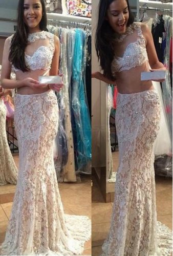 Two Pieces Lace Illusion Neckline Prom Dresses Party Evening Gowns E0455