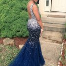 Mermaid Beaded Long Blue Prom Dresses Party Evening Gowns E0513