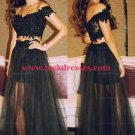 Two Pieces Off-the-Shoulder Lace Tulle Black Prom Evening Dresses L-045