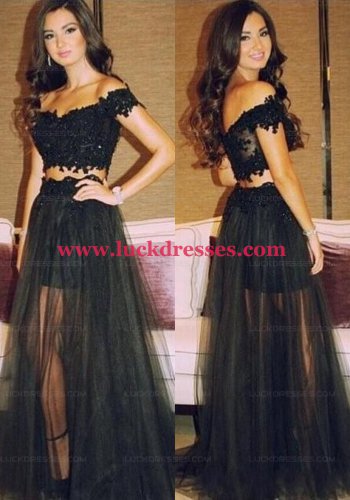 Two Pieces Off-the-Shoulder Lace Tulle Black Prom Evening Dresses L-045