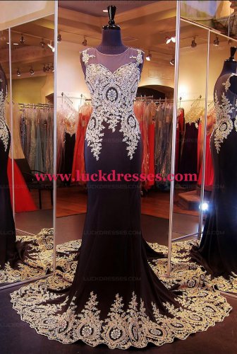 Mermaid Long Black Gold Lace Appliques Prom Evening Dresses L-221