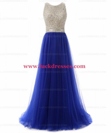 Long Blue Beaded Prom Formal Evening Party Dresses E0789
