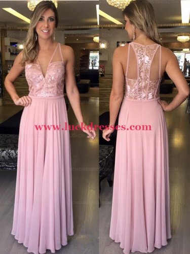 Long Pink Lace Chiffon Prom Formal Evening Party Dresses E0814