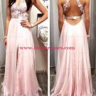 A-Line V-Neck Long Pink Lace Prom Formal Evening Party Dresses E0893