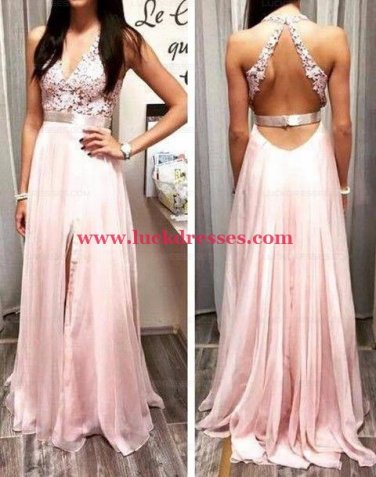 A-Line V-Neck Long Pink Lace Prom Formal Evening Party Dresses E0893