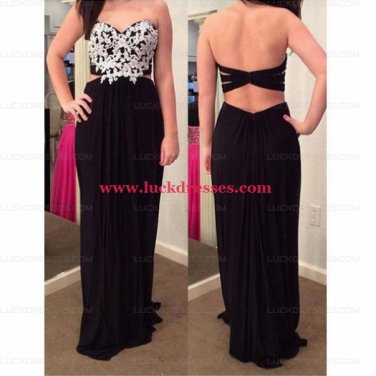 Sheath Long Black Chiffon White Lace Appliques Prom Formal Evening Party Dresses E0950