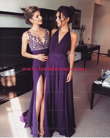 Long Purple Lace Appliques Prom Formal Evening Party Dresses E0955