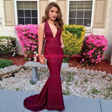 Deep V-Neck Halter Mermaid Long Burgundy Prom Formal Evening Party Dresses E0957