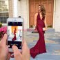 Deep V-Neck Halter Mermaid Long Burgundy Prom Formal Evening Party Dresses E0957