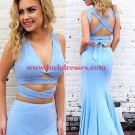 Long Blue V-Neck Mermaid Prom Formal Evening Party Dresses E0960