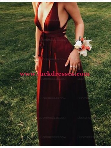 Long V-Neck Burgundy Prom Formal Evening Party Dresses E1067