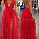 Sexy Deep V-Neck Spaghetti Straps Long Red Prom Formal Evening Party Dresses E1334