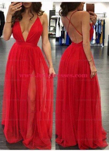 Sexy Deep V-Neck Spaghetti Straps Long Red Prom Formal Evening Party Dresses E1334