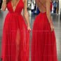 Sexy Deep V-Neck Spaghetti Straps Long Red Prom Formal Evening Party Dresses E1334