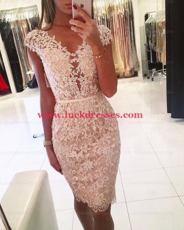 Cap Sleeves Lace Short V-Neck Prom Formal Evening Party Dresses E1344