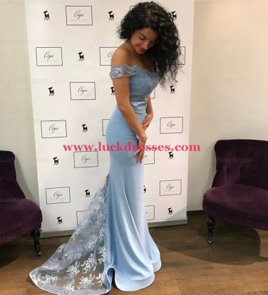 Mermaid Off-the-Shoulder Lace Long Blue Prom Formal Evening Party Dresses E1451