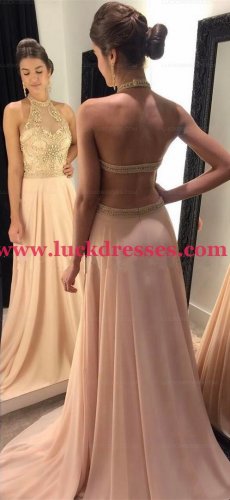 A-Line Beaded Halter Long Prom Formal Evening Party Dresses E1495