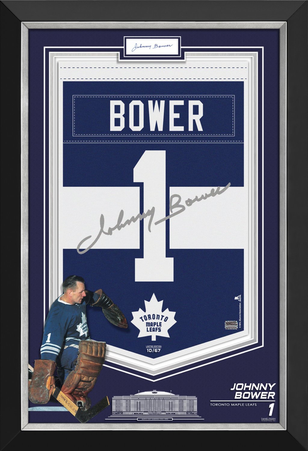 Johnny Bower Framed Arena Banner Ltd Edition /67 - Maple Leafs, Cut Signature