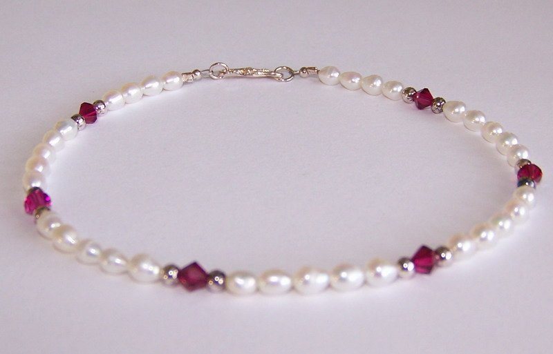 Fushia and Pearls Anklet handmade beaded anklet by Sapphire Rain Designs
