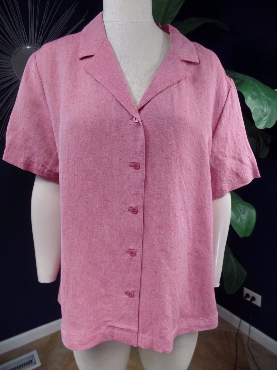 EILEEN FISHER Pink Linen Blend Short Sleeve Button Front Top Shirt ...
