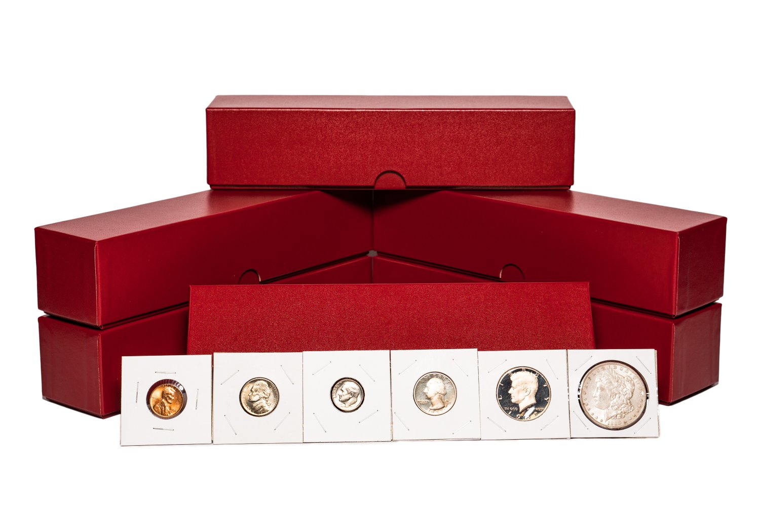 2" x 2" (6 Pack) Coin Flips Asortment w/Red storage boxes. (600 Coin Flips)