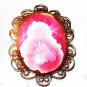 Pink Oval Limoge Art Glass Brooch Pendant Gold Heart Scroll Frame 2 1/4" Vintage