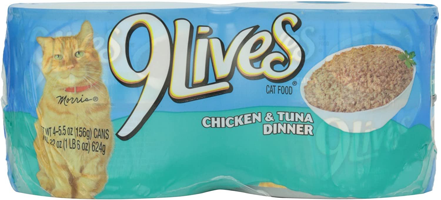 9 Lives Cat Food Chicken and Tuna Dinner, 4 ct, 5.5 oz, 2 Pak, (8 Cans)