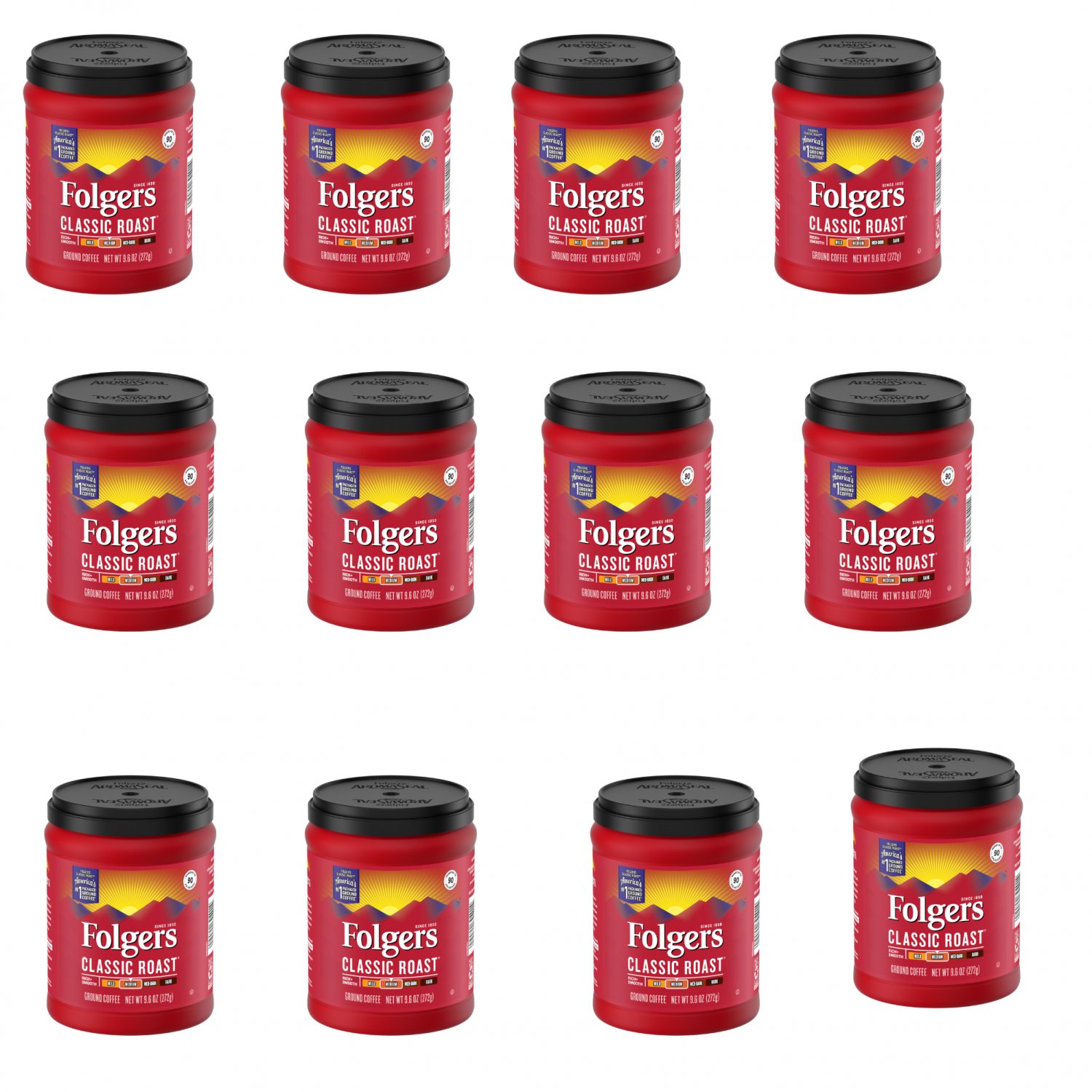 12 FOLGERS Classic Roast Medium Roast Ground Coffee 9.6 oz Cannisters