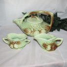 McCOY PINE CONE ART POTTERY TEA SET GREEN BROWN VINTAGE USA 1940's TEAPOT