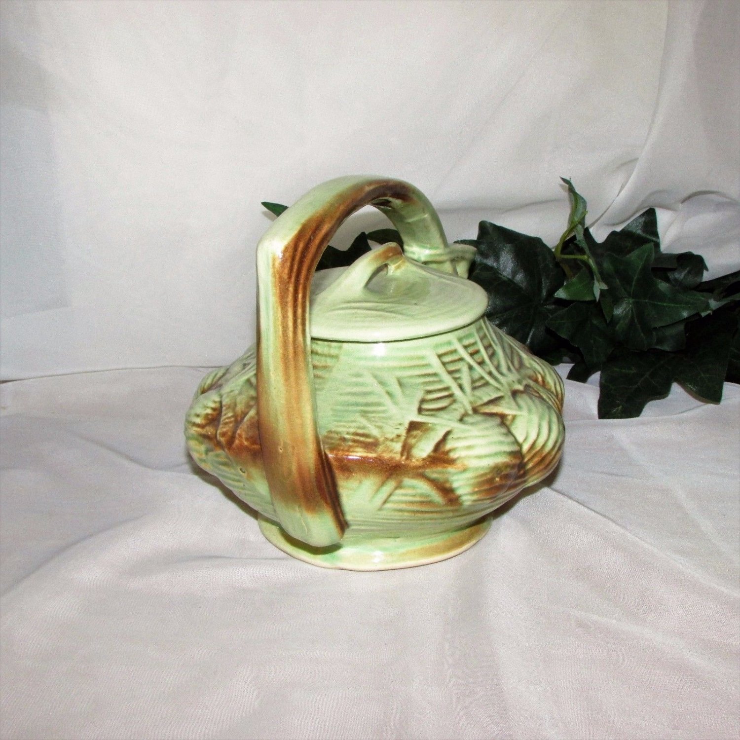 McCOY PINE CONE ART POTTERY TEA SET GREEN BROWN VINTAGE USA 1940's TEAPOT